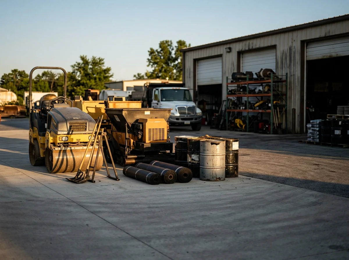 Professional asphalt paving equipment and crew tools ready for residential and commercial driveway installation.