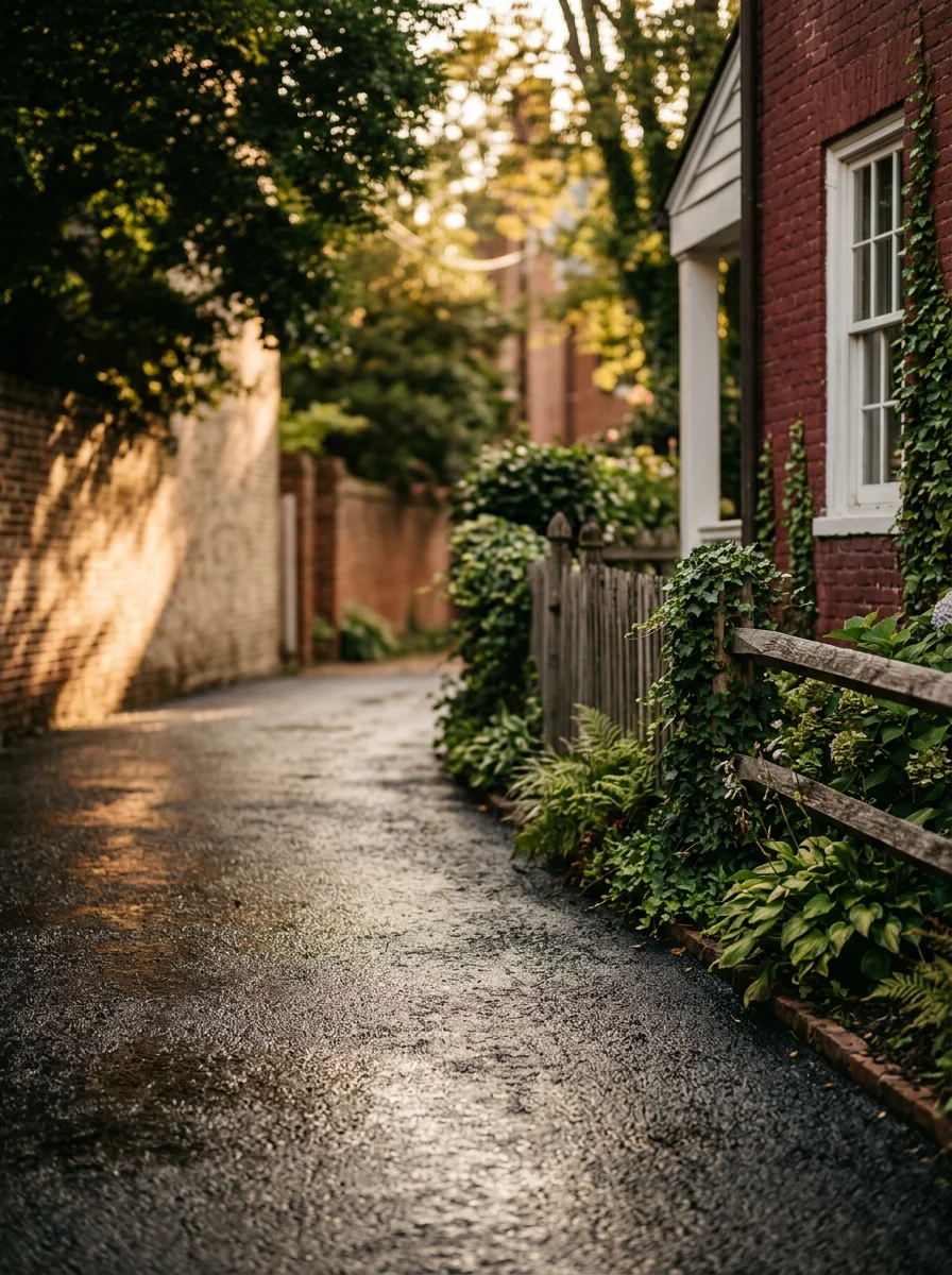 Sealcoating application on a narrow driveway in the Annapolis Historic District, showing a worker carefully applying protective coating close to a Colonial-era brick structure.
