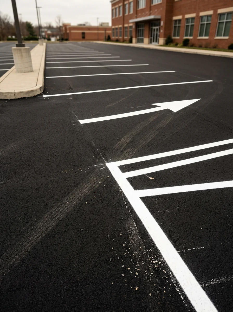 Freshly striped parking lot at a Baltimore County commercial property, showing bright white lines on newly sealcoated black asphalt.