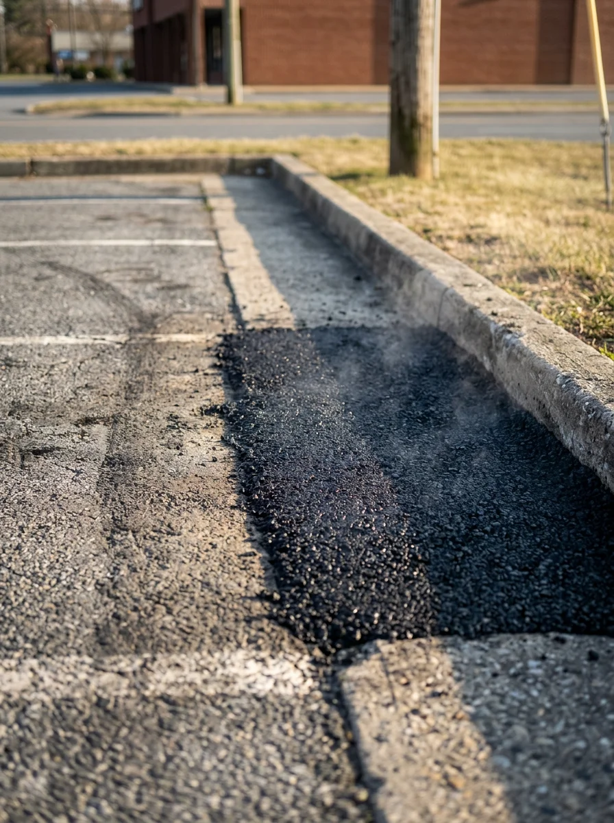 Asphalt patching work on a Carroll County commercial parking lot, showing fresh hot-mix material filling a failed section of aged pavement.