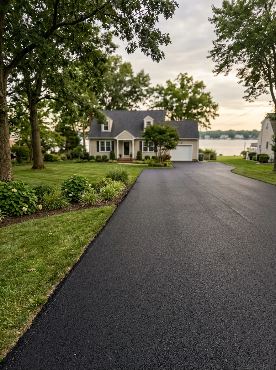 Freshly paved residential driveway on a waterfront lot in Edgewater, MD, showing smooth black asphalt with clean graded edges and proper drainage slope.