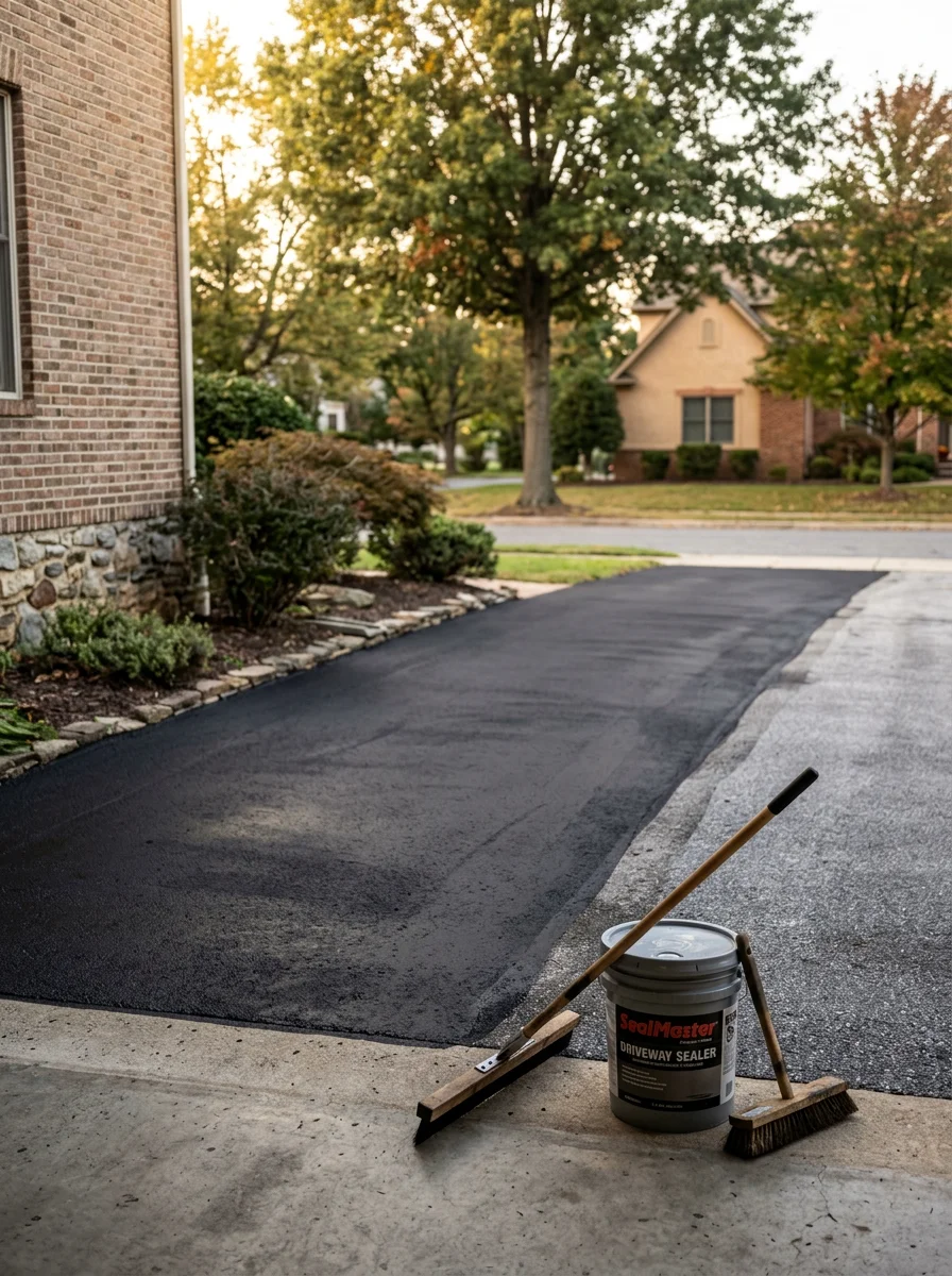 Sealcoating application on a residential driveway in Frederick, MD, with a worker spreading dark protective coating over an oxidized asphalt surface.