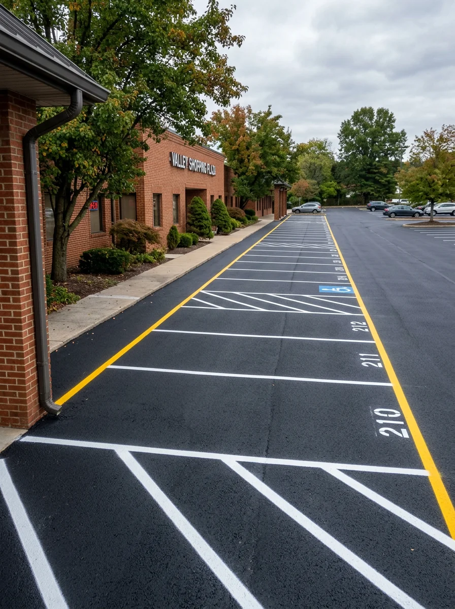 Freshly striped commercial parking lot in Hagerstown, MD, showing bright yellow and white lines on a newly sealcoated surface at a retail property.