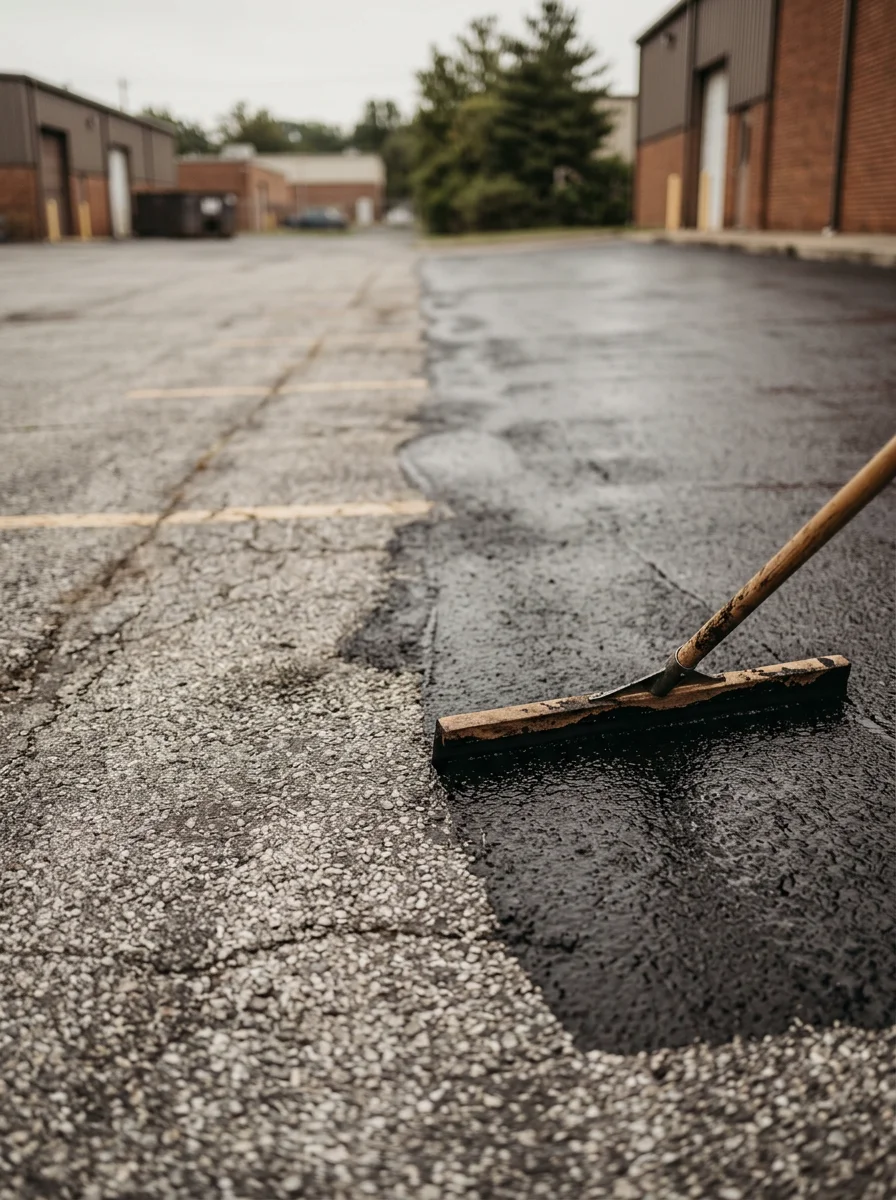 Close-up of a commercial parking lot sealcoating application in Harford County, MD, showing a dark protective coat being spread across aged asphalt.