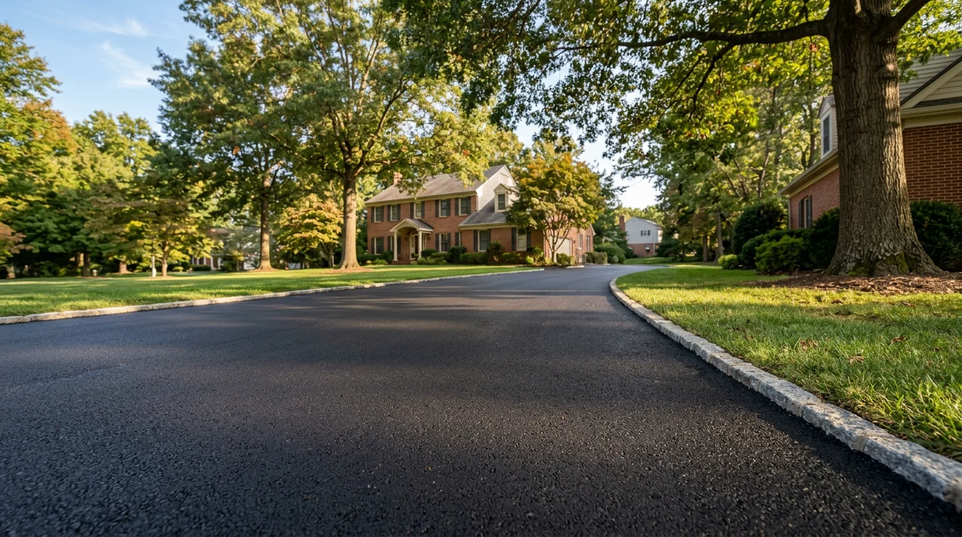 Freshly paved asphalt driveway on a residential lot in Harford County, Maryland, with clean rolled edges and a smooth black surface.