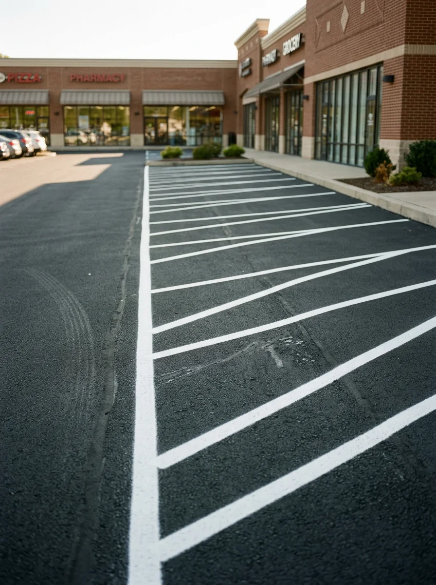 Commercial parking lot re-striping in Westminster, MD, showing fresh white lines on a recently sealcoated asphalt surface along a retail corridor.