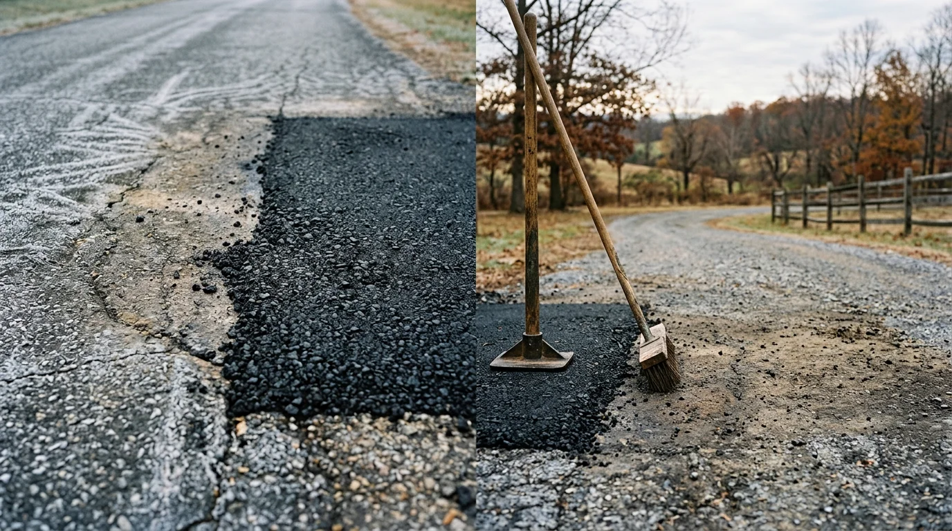 A freshly patched asphalt driveway in Harford County, Maryland, showing a smooth, compacted repair section surrounded by existing pavement. Close-up view of the repaired area after crack removal and new asphalt application.