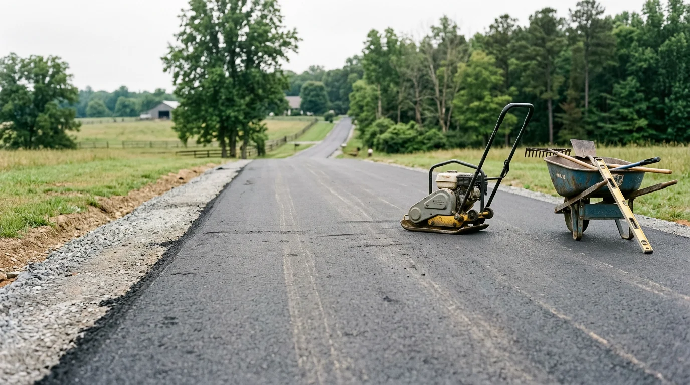 Freshly installed black asphalt driveway on a residential property in Harford County, Maryland, with clean compacted edges and a smooth surface leading to a home garage. The surrounding lawn and mature trees are typical of the Bel Air area.