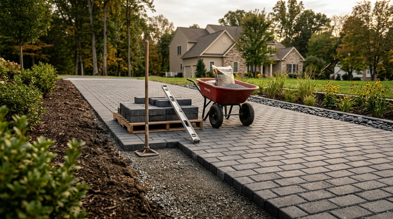 Completed hardscape installation on a residential property in Harford County, Maryland, showing a level stone retaining wall and structured outdoor surface with proper drainage slope. The project reflects typical Maryland terrain with a sloped yard graded and built for long-term stability.