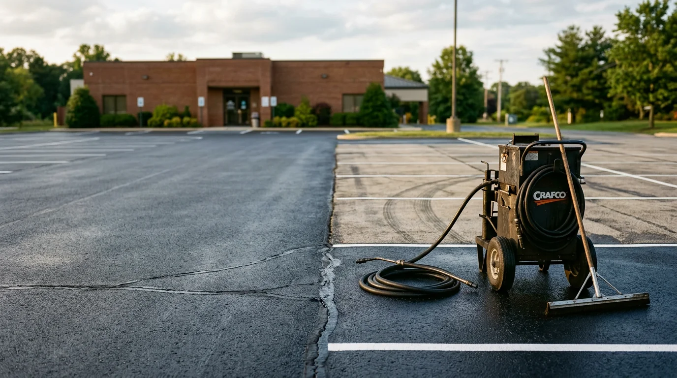 A freshly maintained commercial parking lot in Harford County, Maryland, showing sealed pavement, filled cracks, and clearly repainted parking stall striping. The lot surface is dark and even, with no visible potholes or pooling water.