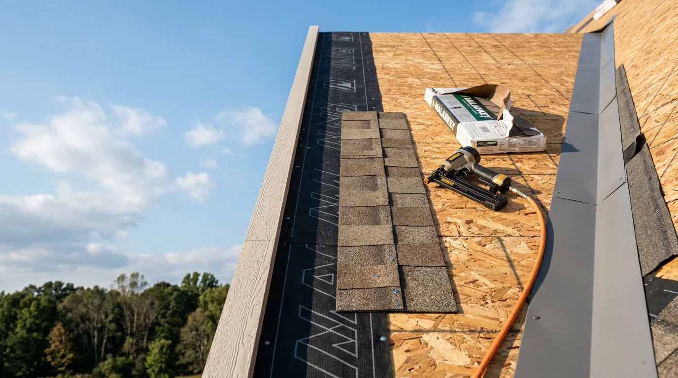 A completed residential roof installation on a single-family home in Harford County, Maryland, showing a full new roof system with clean ridge lines and uniform shingle coverage. The home sits in a typical Maryland residential neighborhood with mature trees in the background.