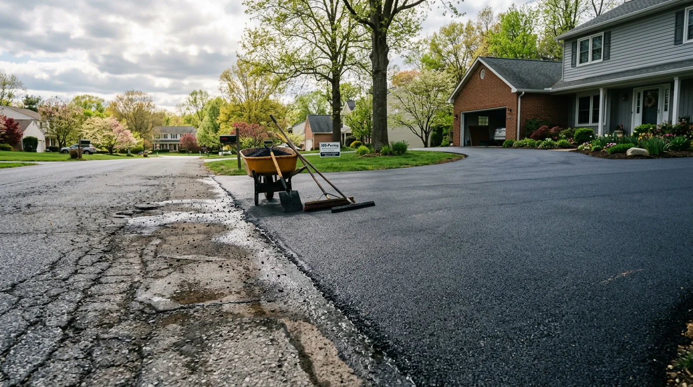 A repaired residential roof in Harford County, Maryland showing patched shingles and sealed flashing on a pitched suburban home. Close-up view of completed roof repair work with surrounding tree cover typical of the Maryland region.